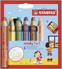 Buntstift, Wasserfarbe & Wachsmalkreide - STABILO woody 3 in 1 - 6er Pack mit Spitzer - mit 6 verschiedenen Farben