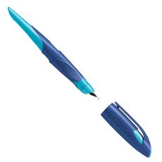 Ergonomischer Schulfüller für Linkshänder mit Anfänger-Feder A - STABILO EASYbirdy in mitternachtsblau/azur - Einzelstift - inklusive Patrone - Schreibfarbe blau (löschbar)