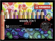 Buntstift, Wasserfarbe & Wachsmalkreide - STABILO woody 3 in 1 - ARTY - 10er Pack - mit 10 verschiedenen Farben und Spitzer