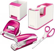 Leitz Wow Schreibtisch - Set | Stifteköcher, Schere, Locher, Heftgerät und Tischabroller Farbe: Weiß / Pink