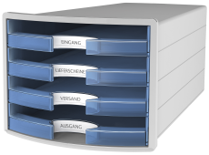 HAN Schubladenbox IMPULS 2.0 – innovatives, attraktives Design in höchster Qualität. Mit 4 offenen Schubladen für DIN A4/C4, lichtgrau/transluzent-blau, 1013-64
