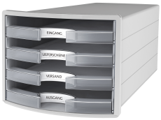 HAN Schubladenbox IMPULS 2.0 – innovatives, attraktives Design in höchster Qualität. Mit 4 offenen Schubladen für DIN A4/C4, lichtgrau/transluzent-klar, 1013-63
