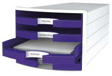 HAN Schubladenbox IMPULS 2.0 – innovatives, attraktives Design in höchster Qualität. Mit 4 offenen Schubladen für DIN A4/C4, weiß-lila, 1013-57