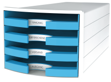 HAN Schubladenbox IMPULS 2.0 – innovatives, attraktives Design in höchster Qualität. Mit 4 offenen Schubladen für DIN A4/C4, weiß-hellblau, 1013-54
