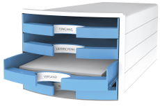 HAN Schubladenbox IMPULS 2.0 – innovatives, attraktives Design in höchster Qualität. Mit 4 offenen Schubladen für DIN A4/C4, weiß-hellblau, 1013-54