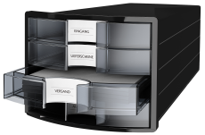 HAN Schubladenbox IMPULS 2.0 – innovatives, attraktives Design in höchster Qualität. Mit 4 geschlossenen Schubladen für DIN A4/C4, schwarz/transluzent-klar, 1012-363