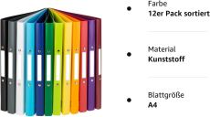 Idena 10426 Ringbuch DIN A4, im 12er Set, 2-Ring-Mechanik, 20 mm breit, in 12 Farben (sortiert)