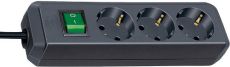 Brennenstuhl 1152300400 3er Sparpack Eco-Line Steckdosenleiste mit Schalter 3-fach schwarz 3m H05VV-F 3G1,5 3-fach Verteiler mit Schalter 3 Meter
