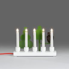 Konstsmide Holzleuchter 2561-219 - weiß lackiert, mit farbiger Metalldekorationen Eule, 5 klare Birnen, 24V Innentrafo, rotes Textilkabel - 2561-219TR