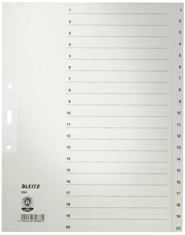 Leitz 1234 Zahlenregister - 1-20, Papier, A4 Überbreite, 20 Blatt, grau