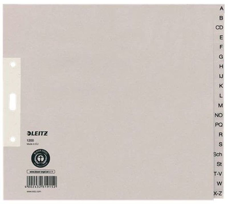 Leitz 1200 Register - A - Z, Papier, A4 Überbreite, 21 cm hoch, 20 Blatt, grau