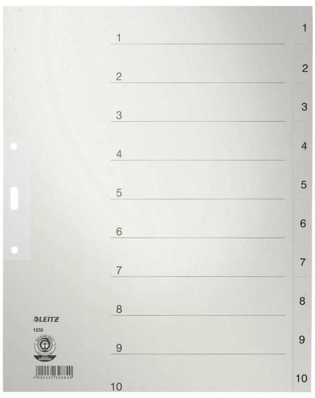 Leitz 1232 Zahlenregister - 1-10, Papier, A4 Überbreite, 10 Blatt, grau