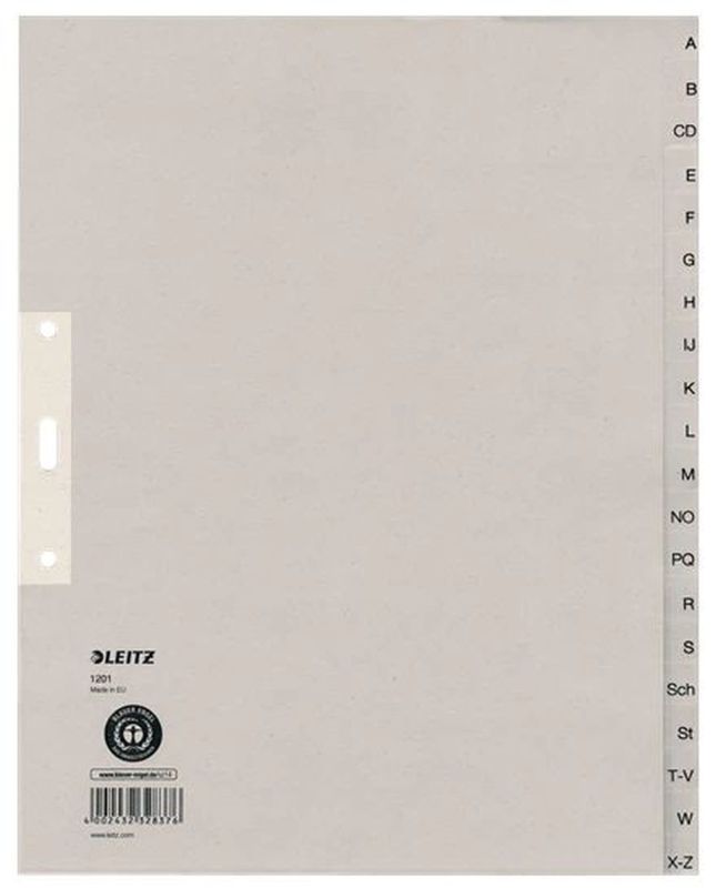 Leitz 1201 Register - A - Z, Papier, A4 Überbreite, 20 Blatt, grau