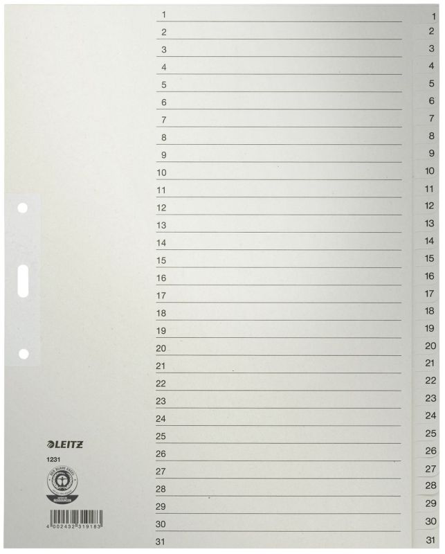 Leitz 1231 Zahlenregister - 1-31, Papier, A4 Überbreite, 31 Blatt, grau