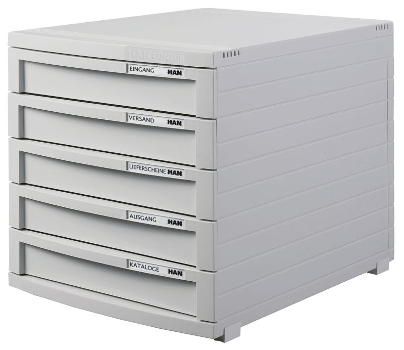 HAN Schubladenbox CONTUR – modernes und modular erweiterbares Schubladensystem, mit 5 geschlossenen Schubladen bis Format DIN B4, lichtgrau, 1505-11