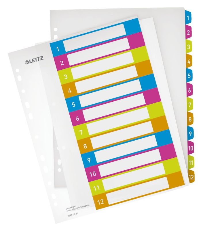 Leitz 1244 Register Serie WOW - 1-12, A4 Überbreite, PP, 12 Blatt, farbig