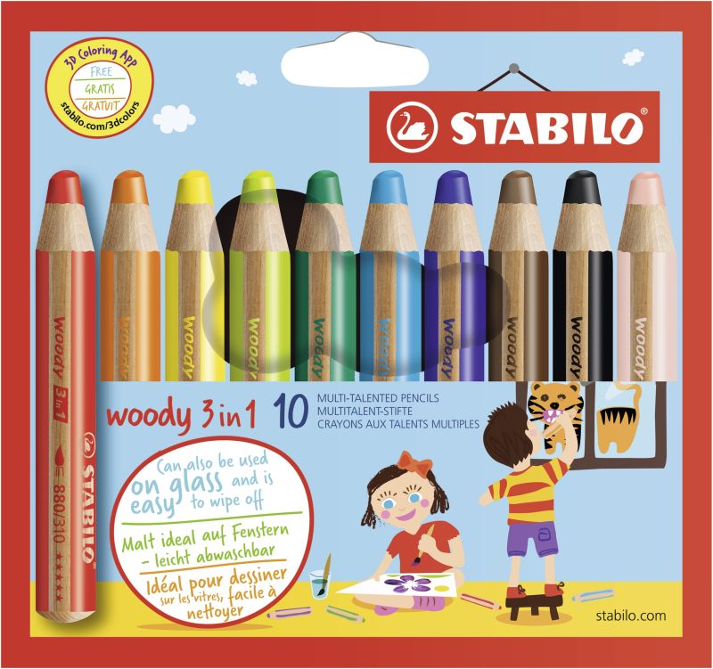 Buntstift, Wasserfarbe & Wachsmalkreide - STABILO woody 3 in 1 - 10er Pack - mit 10 verschiedenen Farben