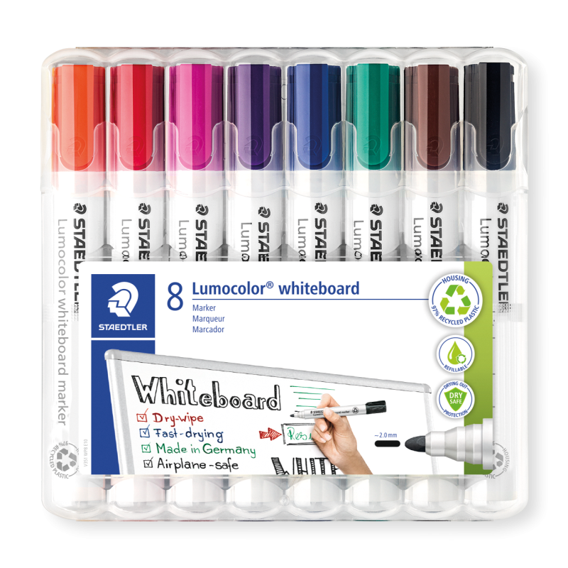 Staedtler Lumocolor 351 WP8 Whiteboard-Marker (Rundspitze ca. 2 mm Linienbreite, Set mit 8 Farben, hohe Qualität, trocken und rückstandsfrei abwischbar von Whiteboards