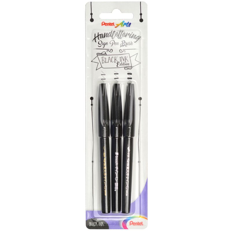 Pentel Brushpen Sign Pen Brush SES15 mit flexibler Pinselspitze, fein schreibend, Set mit 3 Strichstärken