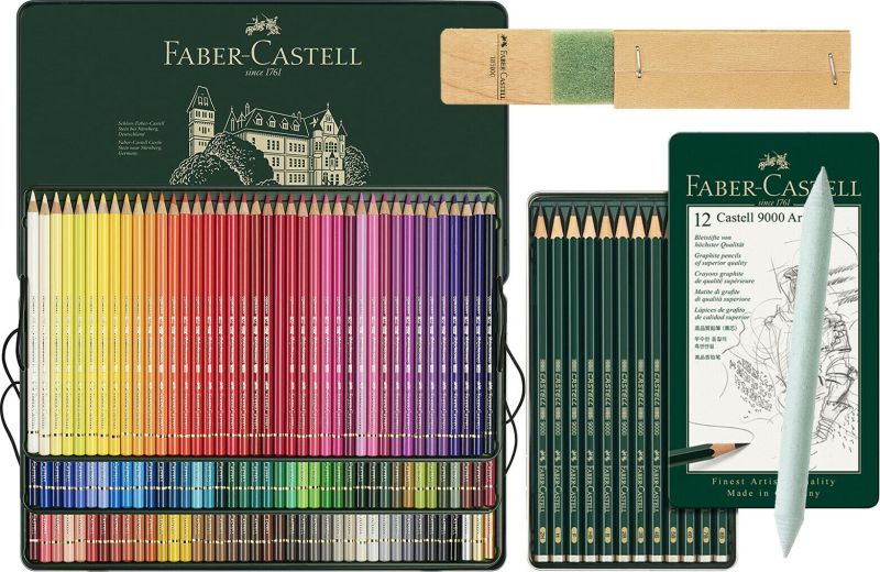 Faber-Castell Polychromos 120 Farbstifte + Castell 9000 Art + Minenschärfblock + Estompe