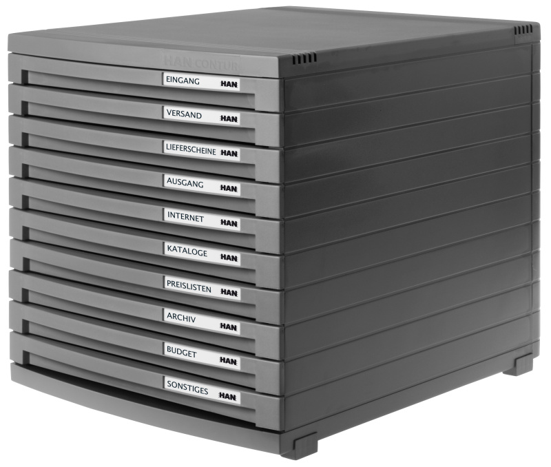 HAN Schubladenbox CONTUR – modernes und modular erweiterbares Schubladensystem, mit 10 geschlossenen Schubladen bis Format DIN B4, dunkelgrau, 1510-191