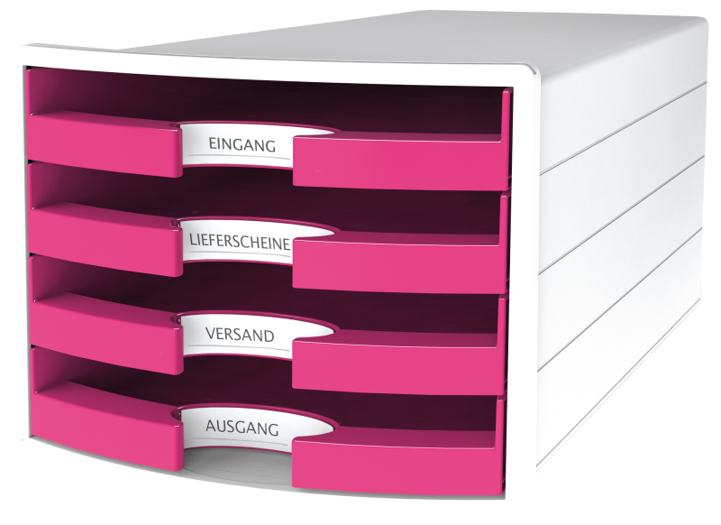 HAN Schubladenbox IMPULS 2.0 – innovatives, attraktives Design in höchster Qualität. Mit 4 offenen Schubladen für DIN A4/C4, weiß-pink, 1013-56