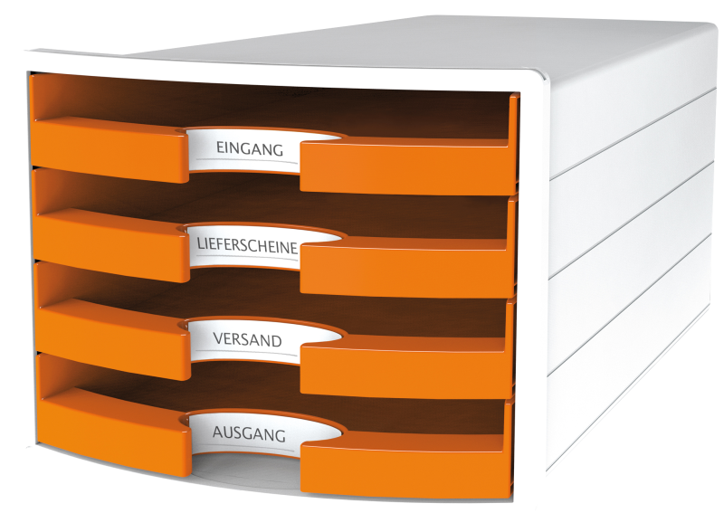 HAN Schubladenbox IMPULS 2.0 – innovatives, attraktives Design in höchster Qualität. Mit 4 offenen Schubladen für DIN A4/C4, weiß-orange, 1013-51