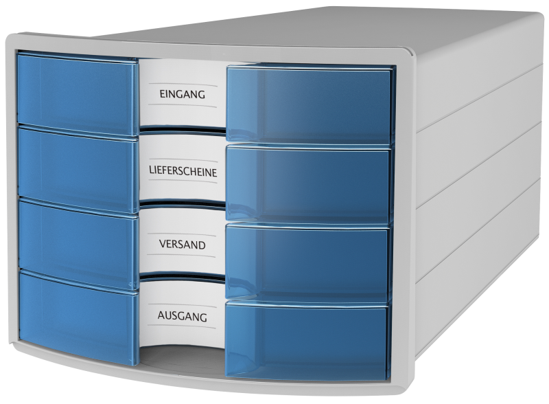 HAN Schubladenbox IMPULS 2.0 – innovatives, attraktives Design in höchster Qualität. Mit 4 geschlossenen Schubladen für DIN A4/C4, lichtgrau/transluzent-blau, 1012-64