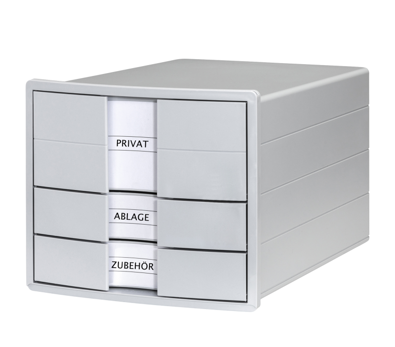 HAN Schubladenbox IMPULS – modernes Gehäusedesign für Papierformate DIN A4/C4. Mit 3 geschlossenen Schubladen und Schubladeneinsatz für DIN A4/C4, lichtgrau, 1017-11