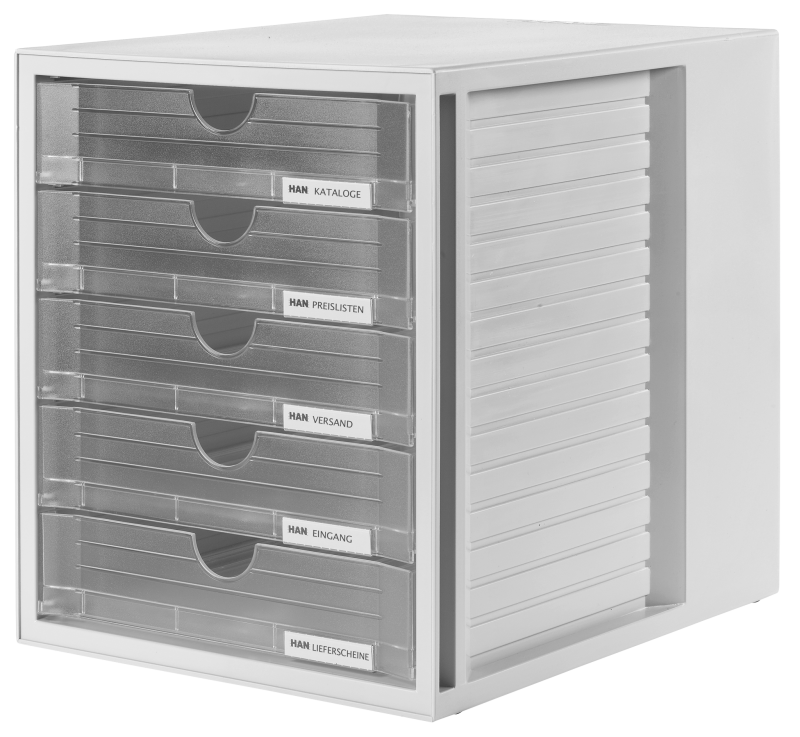 HAN Schubladenbox SYSTEMBOX – attraktives Design für Unterlagen bis DIN C4, mit 5 geschlossenen Schubladen, transluzent-klar, 1450-63