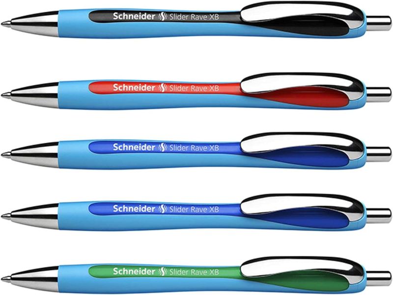 Schneider Slider Rave XB Kugelschreiber (Strichstärke: XB, dokumentenechte Mine, Made in Germany) 5er Packung, Schreibfarbe: 2x blau, schwarz, rot und grün