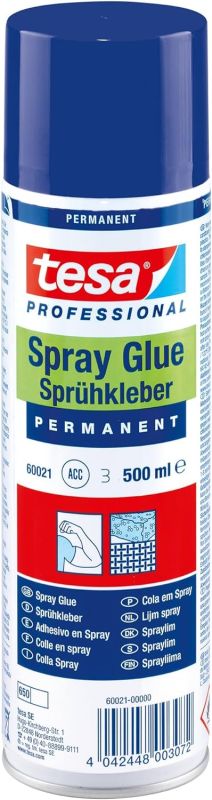 tesa Sprühkleber Permanent - 2x 500ml - Starker Klebstoff zum Sprühen für leichte bis mittelschwere Materialien mit leicht rauer Oberfläche - ohne Silikon