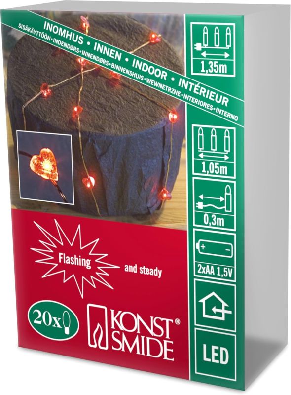 Konstsmide 1267-550 LED Dekolichterkette, Herzen, Blinklicht, 20 rote Dioden, batteriebetrieben, Innen, 2 x AA 1.5V (exkl.)