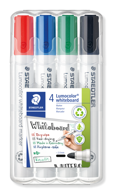 STAEDTLER Whiteboard-Marker Lumocolor, Rundspitze ca. 2 mm Linienbreite, Set mit 4 Farben, hohe Qualität Made in Germany, trocken und rückstandsfrei abwischbar von Whiteboards, 351 WP4