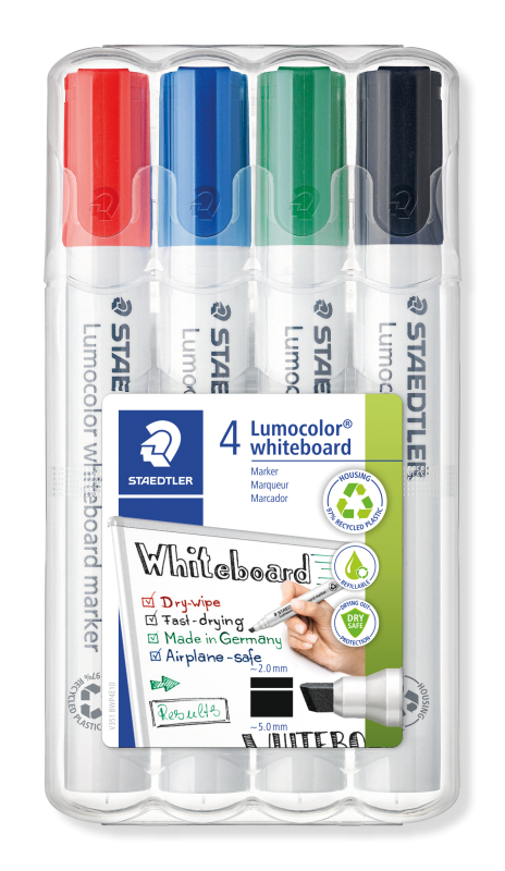 STAEDTLER Whiteboard Marker Lumocolor, trocken und rückstandsfrei abwischbar, Keilspitze ca. 2 oder 5 mm, hohe Qualität Made in Germany, Set mit 4 Farben, 351 B WP4