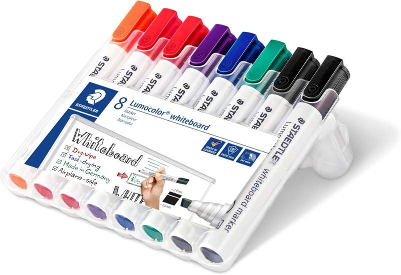 STAEDTLER Lumocolor 351 B WP8X Whiteboard-Marker (Keilspitze ca. 2 oder 5 mm Linienbreite, Set mit 8 Markern, hohe Qualität, trocken und rückstandsfrei abwischbar von Whiteboards) Sortiert