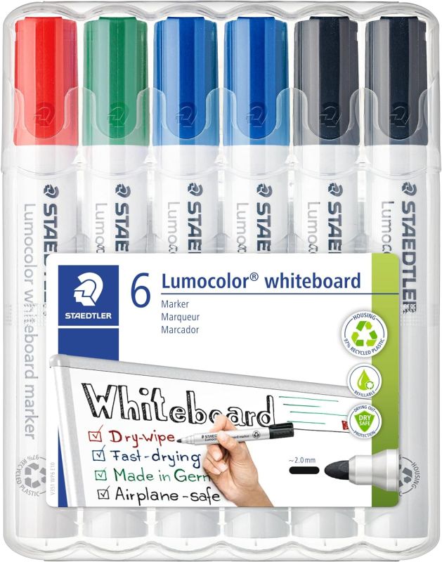 STAEDTLER Lumocolor 351 WP6 X Whiteboard-Marker (Rundspitze ca. 2 mm Linienbreite, Set mit 6 Markern, Hohe Qualität, trocken und rückstandsfrei abwischbar von Whiteboards)