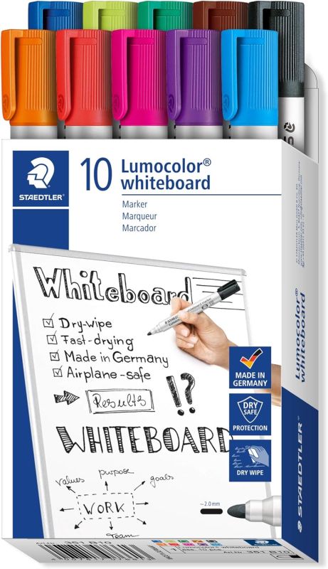 STAEDTLER whiteboard Marker Lumocolor, Linienbreite ca. 2,00 mm, schnelltrocknend, geruchsarm, lange Lebensdauer, blockierte Spitze, 10 whiteboard Marker in Faltschachtel, 351 B10