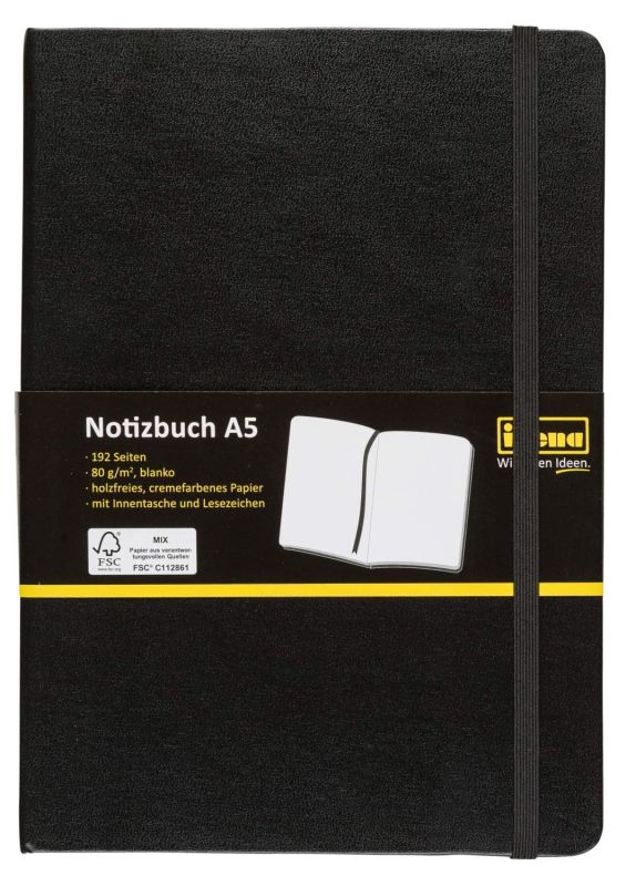 Idena 10054 - Notizbuch DIN A5, blanko, Papier cremefarben, 192 Seiten, 80 g/m², Hardcover in Schwarz, 1 Stück