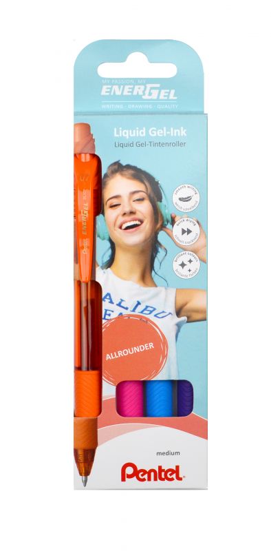 Pentel Liquid Gel-Tintenroller EnerGelX BL107, Druckmechanik, nachfüllbar, 0,35mm, 4 Schreibfarben im Set