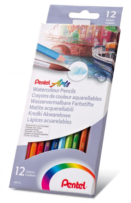 Pentel Wasservermalbarer Buntstift CB9, holzgefasst, FSC/CE-zertifiziert. 12 Farben im Set