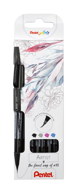Pentel Pinselstift Brush Sign Pen Artist SESF30, extra feiner Strich, 4 Schreibfarben im Set