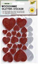 folia Moosgummi Glitter-Sticker, Herzen rot / silber