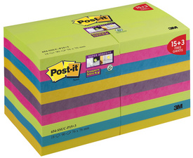 Post-it Super Sticky Notes, 76 x 76 mm, farbig, Pack 15+3