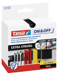 tesa On & Off Klettband Extra Strong, 50 mm x 1 m, schwarz