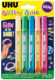 UHU Glitzerkleber Glitter Glue GLOW IN THE DARK, 5 x 10 ml